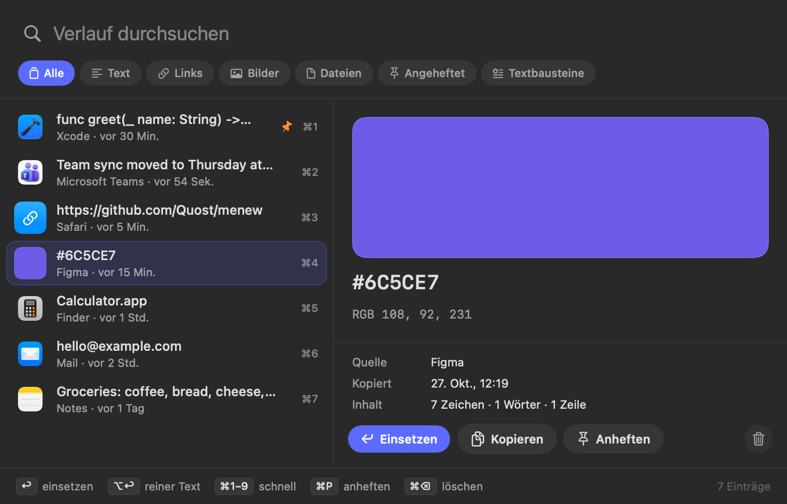 Vorschau einer Farbe in der Zwischenablage