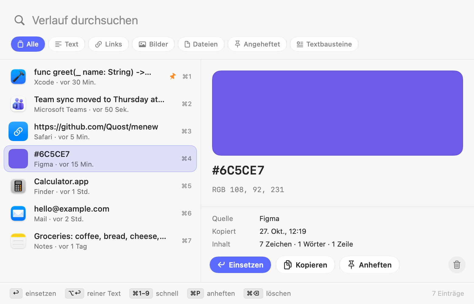Vorschau einer Farbe in der Zwischenablage
