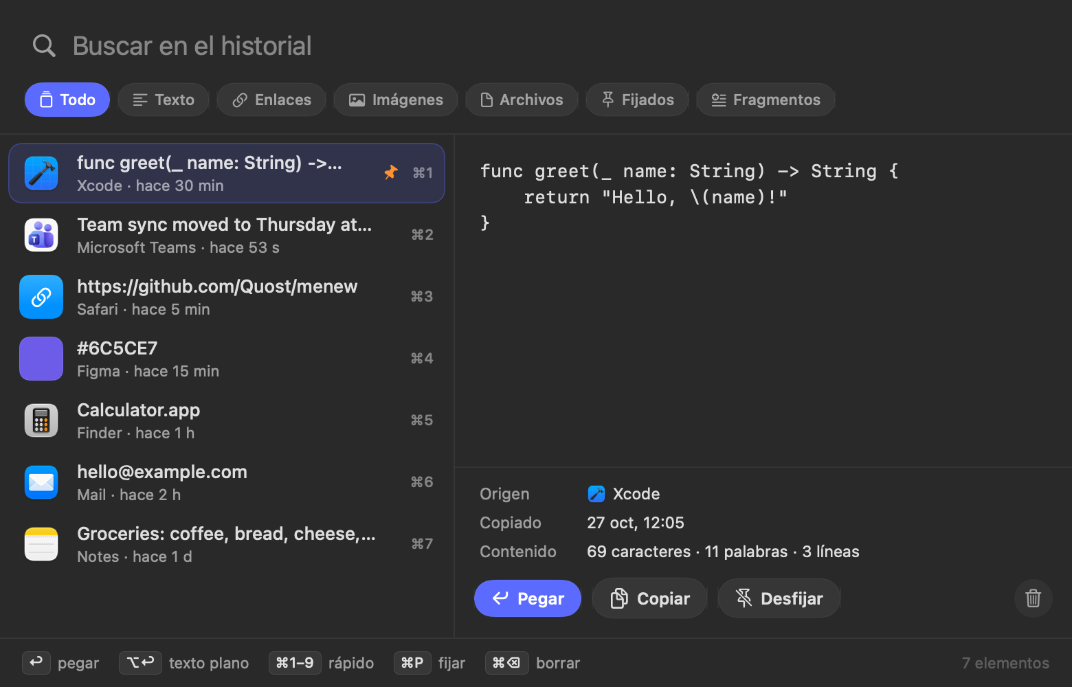 Panel del historial del portapapeles con búsqueda, filtros y vista previa
