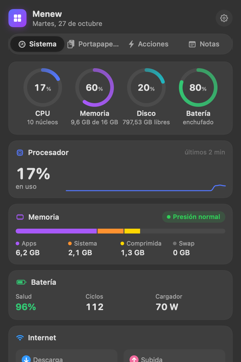 Monitor del sistema con anillos de CPU, memoria, disco y batería