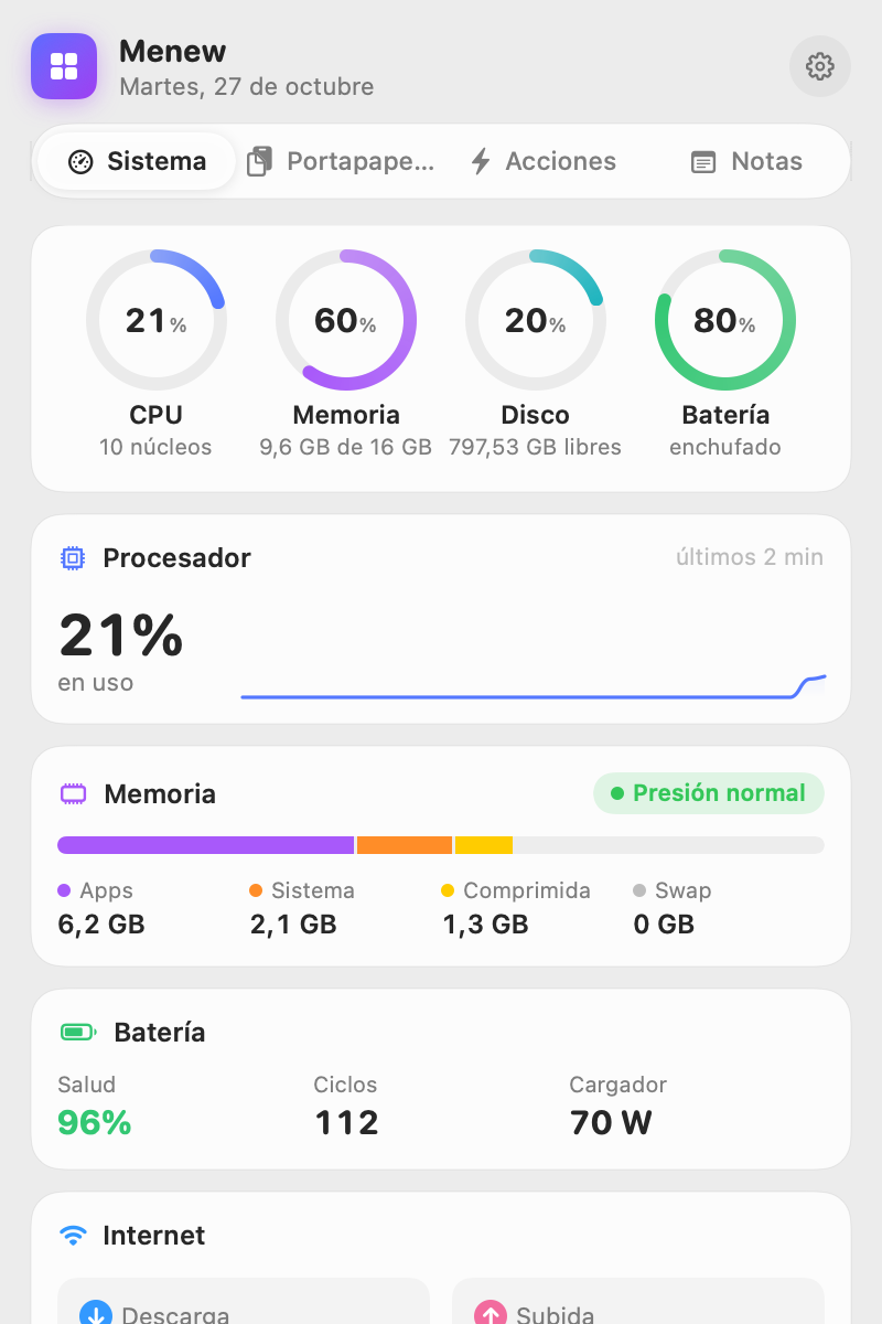 Monitor del sistema con anillos de CPU, memoria, disco y batería