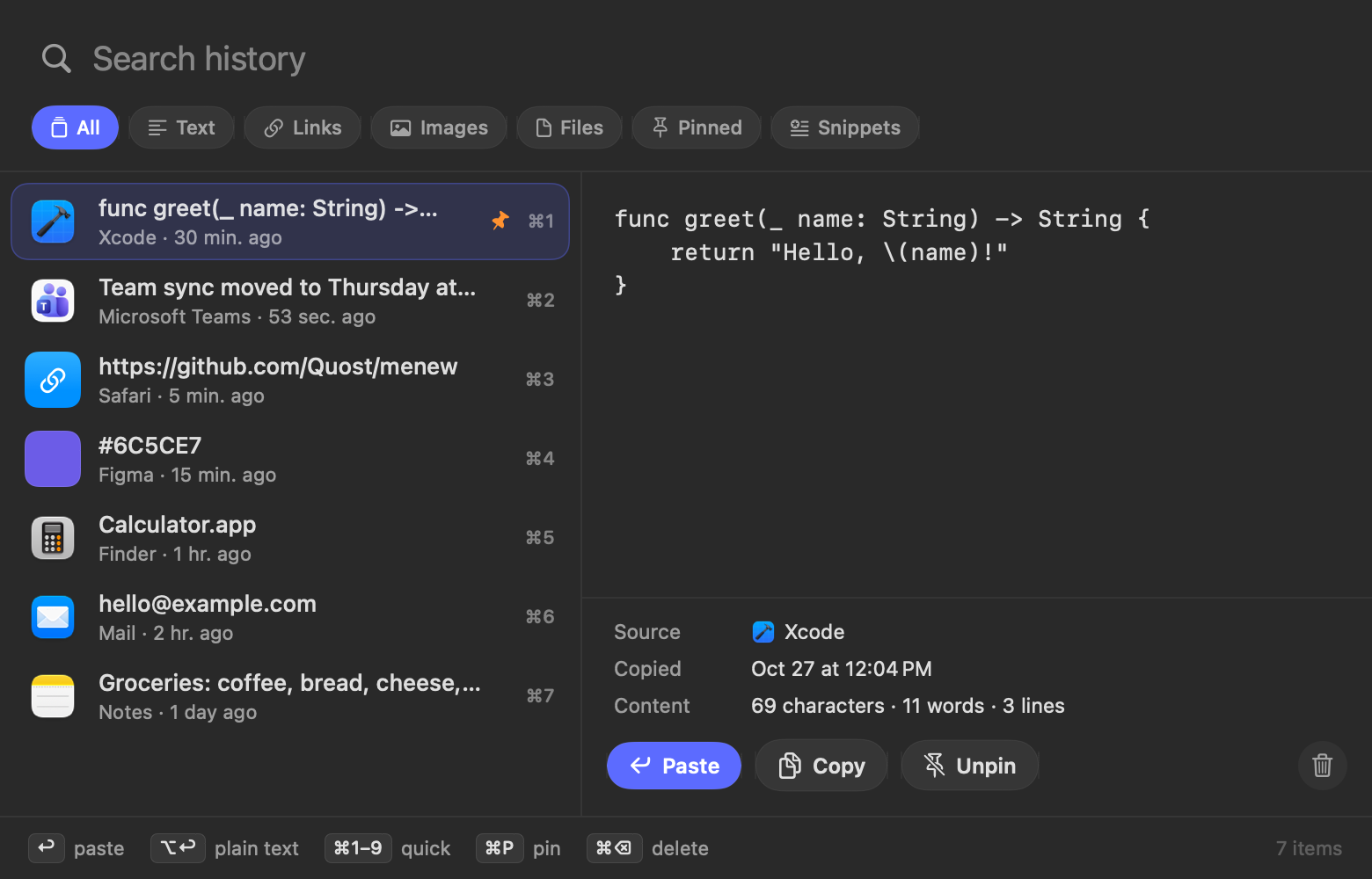Clipboard history panel with search, filters and preview