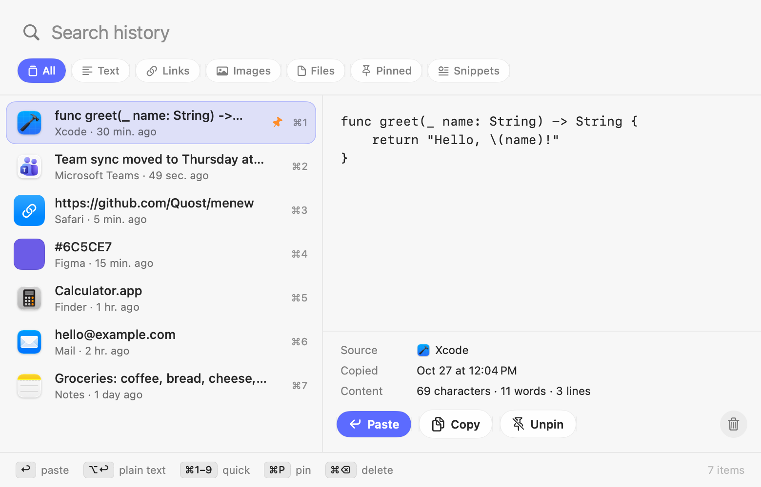 Clipboard history panel with search, filters and preview