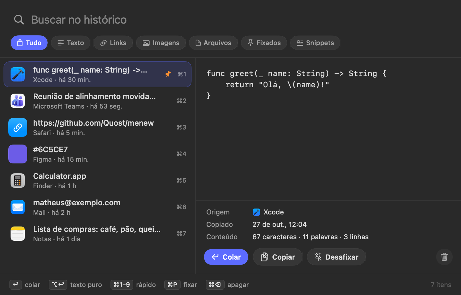Painel do histórico do clipboard com busca, filtros e pré-visualização