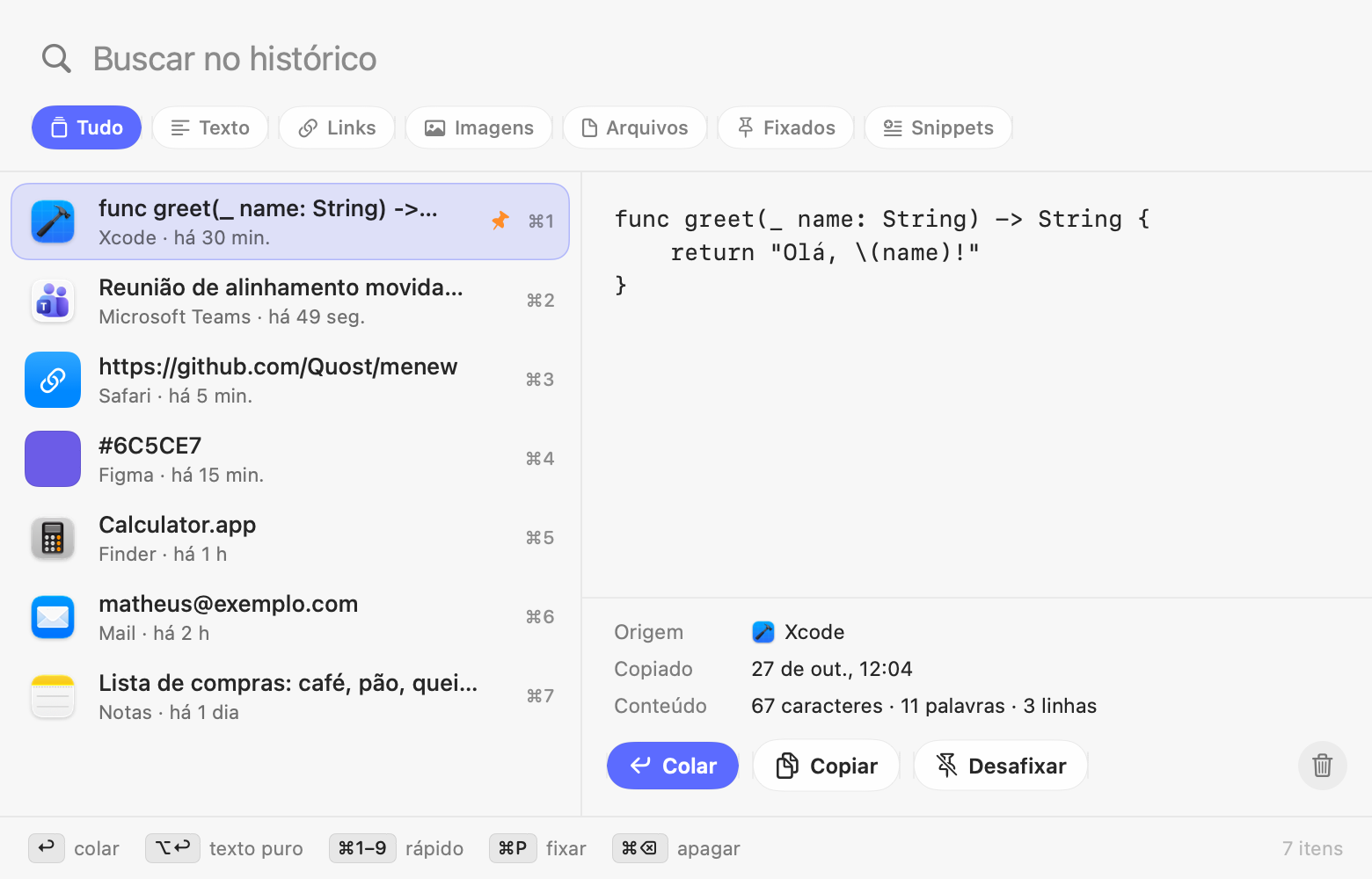 Painel do histórico do clipboard com busca, filtros e pré-visualização
