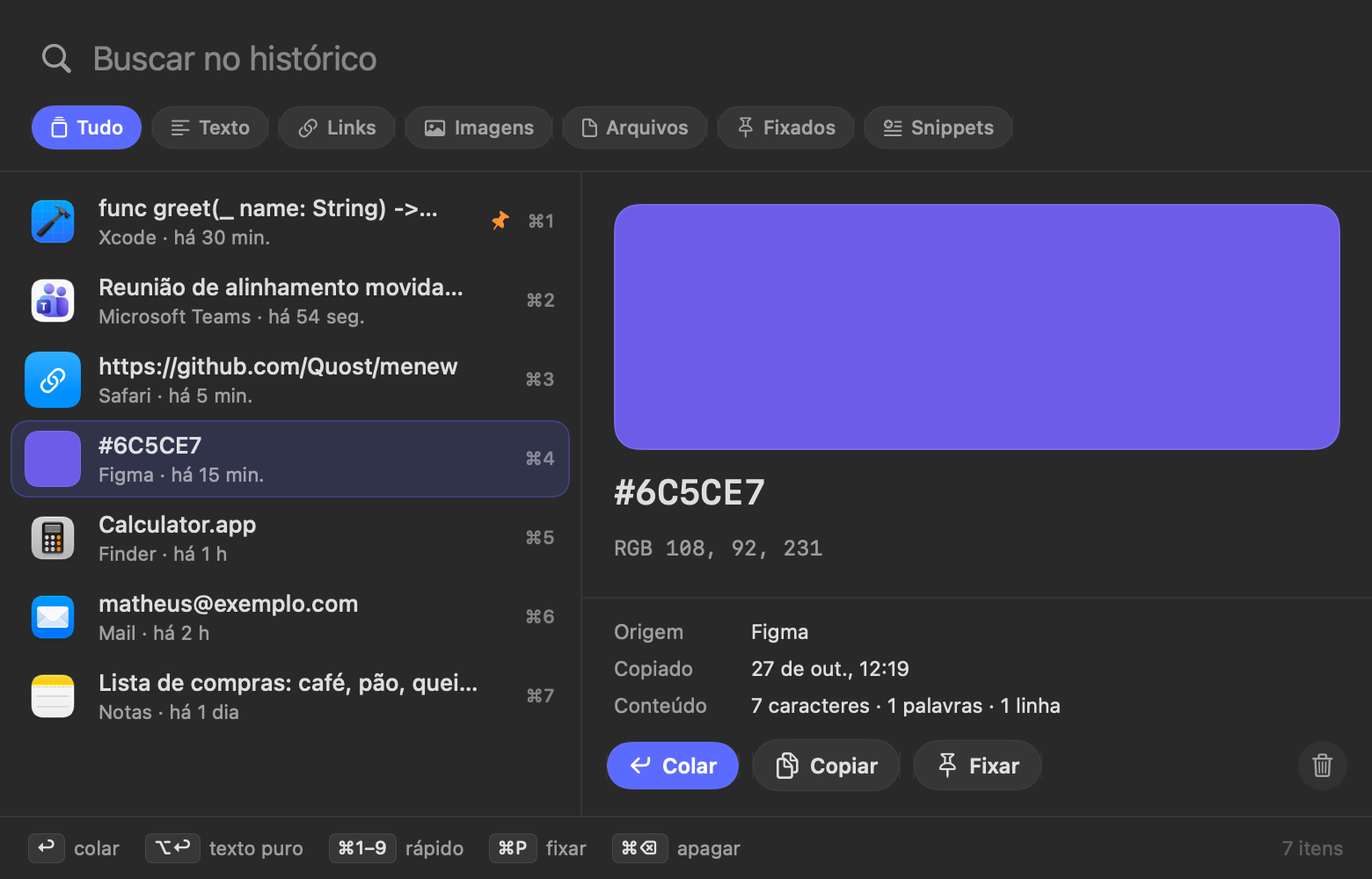 Pré-visualização de uma cor no clipboard