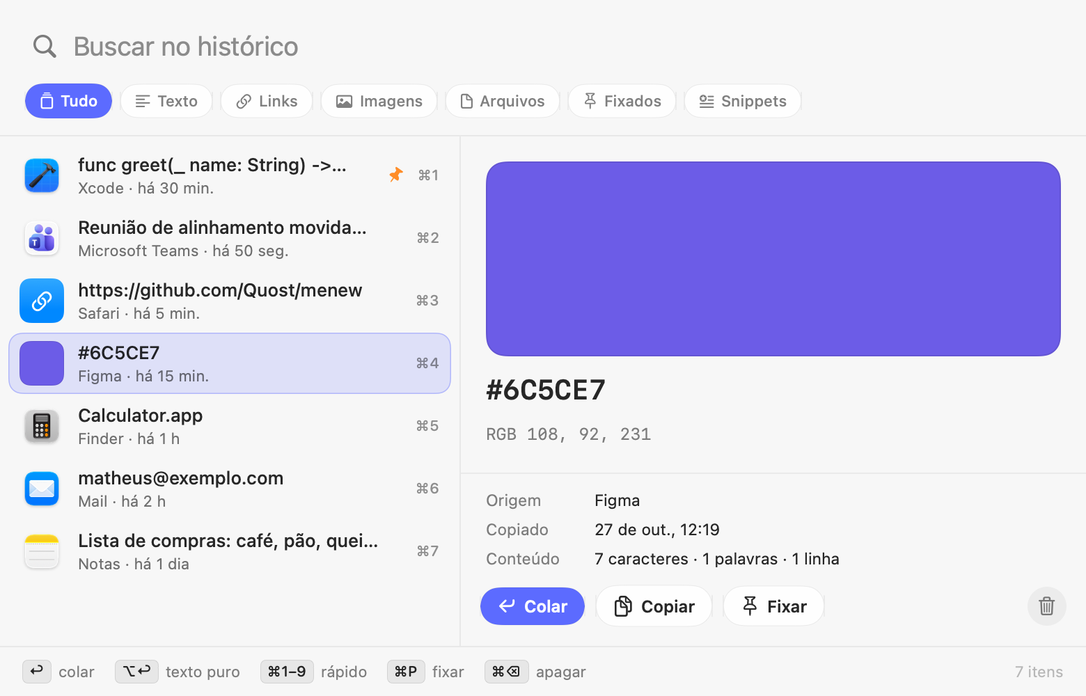 Pré-visualização de uma cor no clipboard