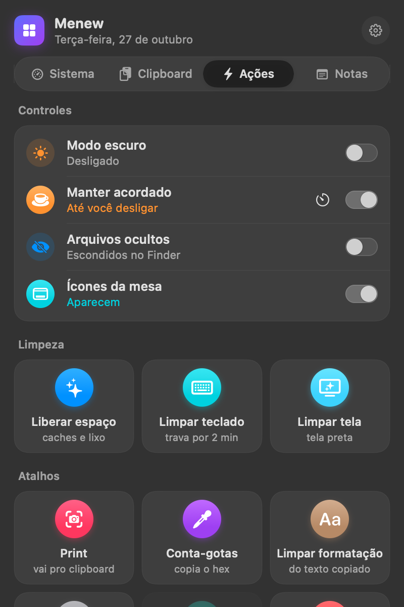 Grade de ações rápidas