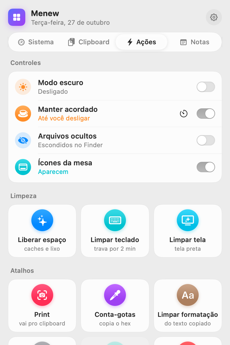 Grade de ações rápidas