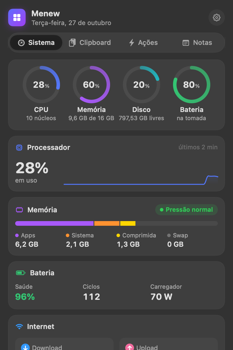 Monitor do sistema com anéis de CPU, memória, disco e bateria